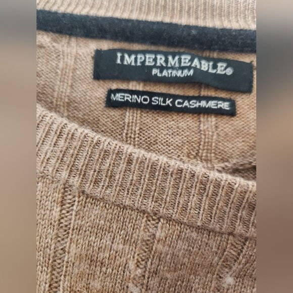 Impermeable L Tan Cable Knitted Lngslv MERINO WOOL SILK CASHMERE Men's Sweater - Picture 4 of 8